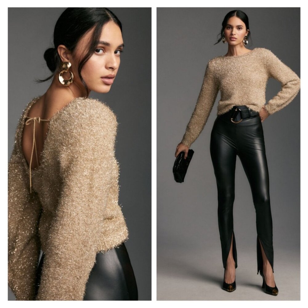 Fuzzy Back-Tie Sweater in Beige